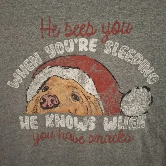 Christmas Dog Shirt He Knows When You Have Snacks Small Grey Santa Hat Festive - Picture 2 of 7